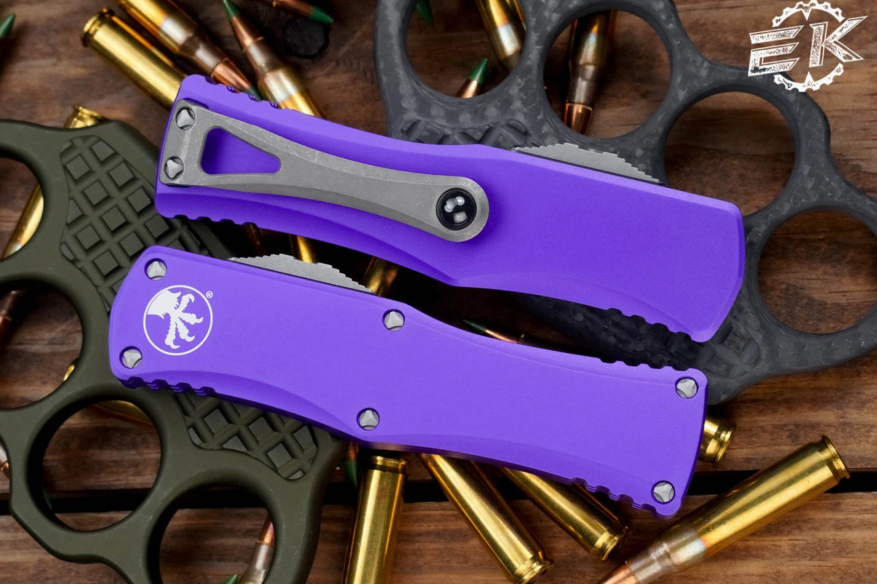 Microtech Hera Purple OTF Automatic Knife 3" Drop Point Apocalyptic Stonewash 703-10APPU 5 Microtech Hera Purple OTF Automatic Knife 3" Drop Point Apocalyptic Stonewash 703-10APPU - Image 3