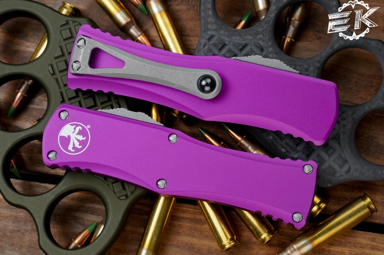 Microtech Hera Violet OTF Automatic Knife 3" Drop Point Apocalyptic Stonewash 703-10APVI 5 Microtech Hera Violet OTF Automatic Knife 3" Drop Point Apocalyptic Stonewash 703-10APVI - Image 3