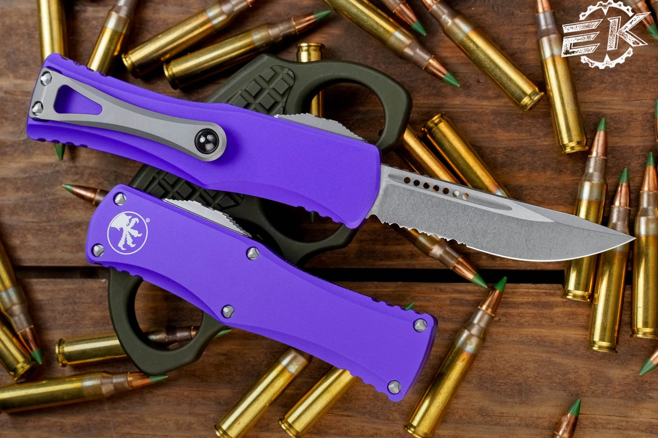 Microtech Hera Purple OTF Automatic Knife 3" Drop Point Stonewash Serrated 703-11PU 4 Microtech Hera Purple OTF Automatic Knife 3" Drop Point Stonewash Serrated 703-11PU - Image 2