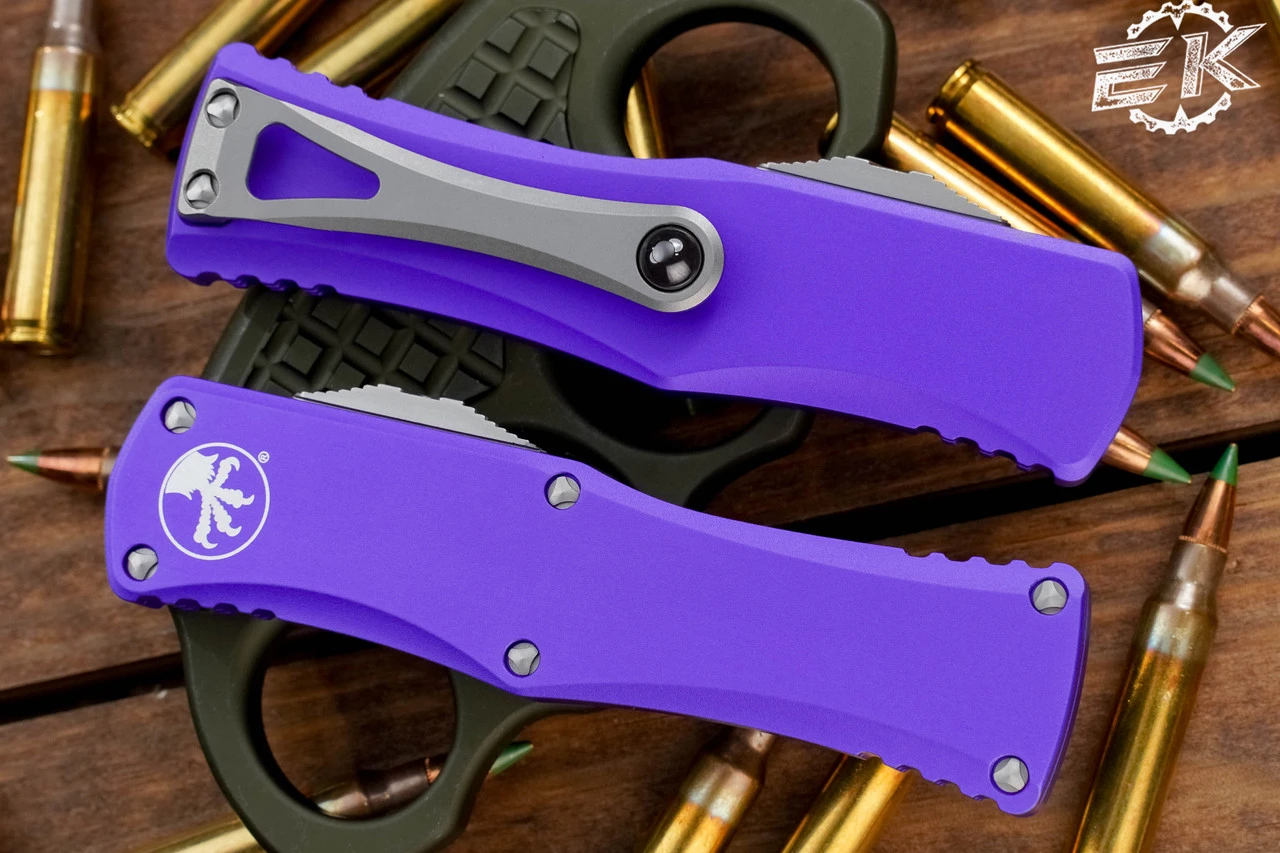 Microtech Hera Purple OTF Automatic Knife 3" Drop Point Stonewash Serrated 703-11PU 5 Microtech Hera Purple OTF Automatic Knife 3" Drop Point Stonewash Serrated 703-11PU - Image 3