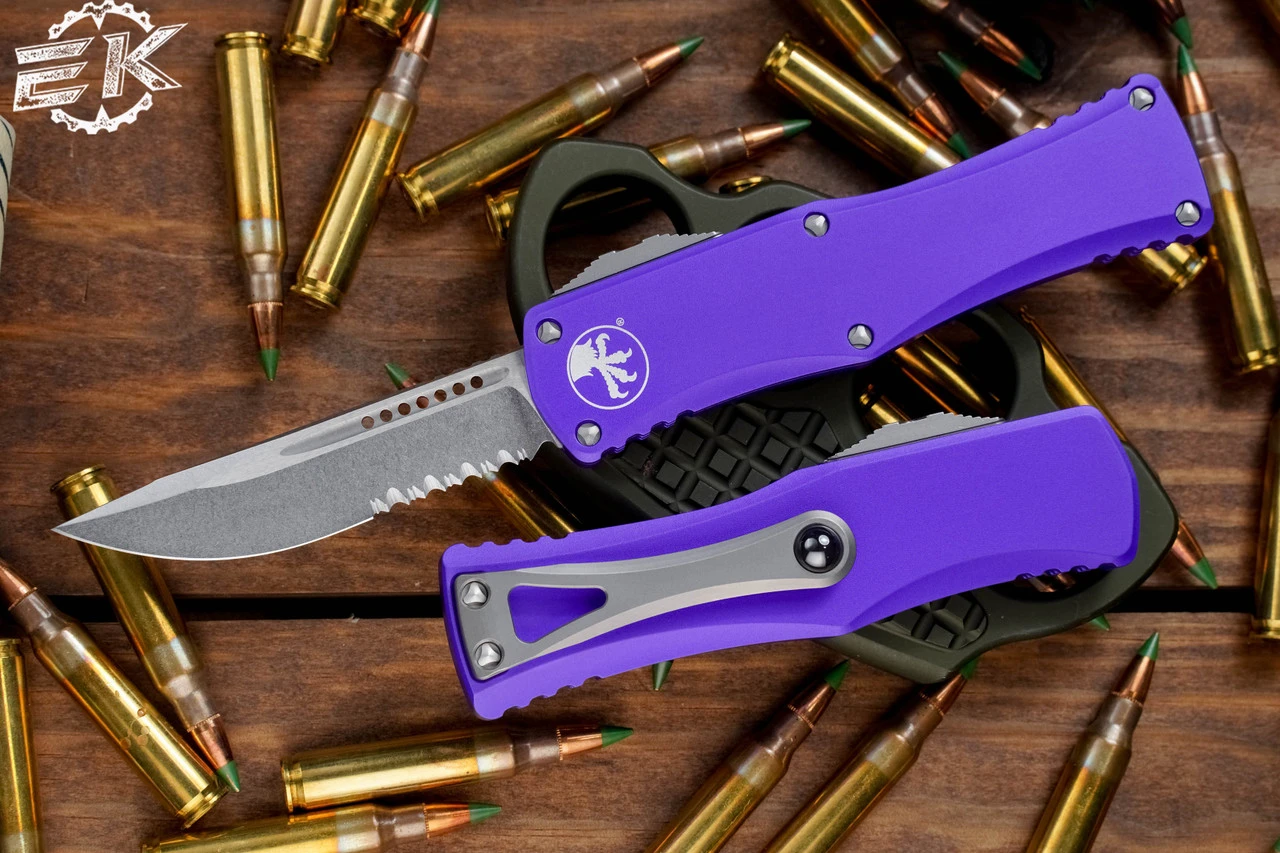 Microtech Hera Purple OTF Automatic Knife 3" Drop Point Stonewash Serrated 703-11PU 3 Microtech Hera Purple OTF Automatic Knife 3" Drop Point Stonewash Serrated 703-11PU