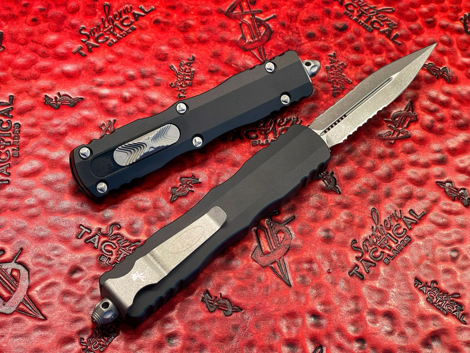 Microtech Dirac Delta Double Edge Apocalyptic Part Serrated OTF Automatic Knife 4 Microtech Dirac Delta Double Edge Apocalyptic Part Serrated OTF Automatic Knife - Image 2