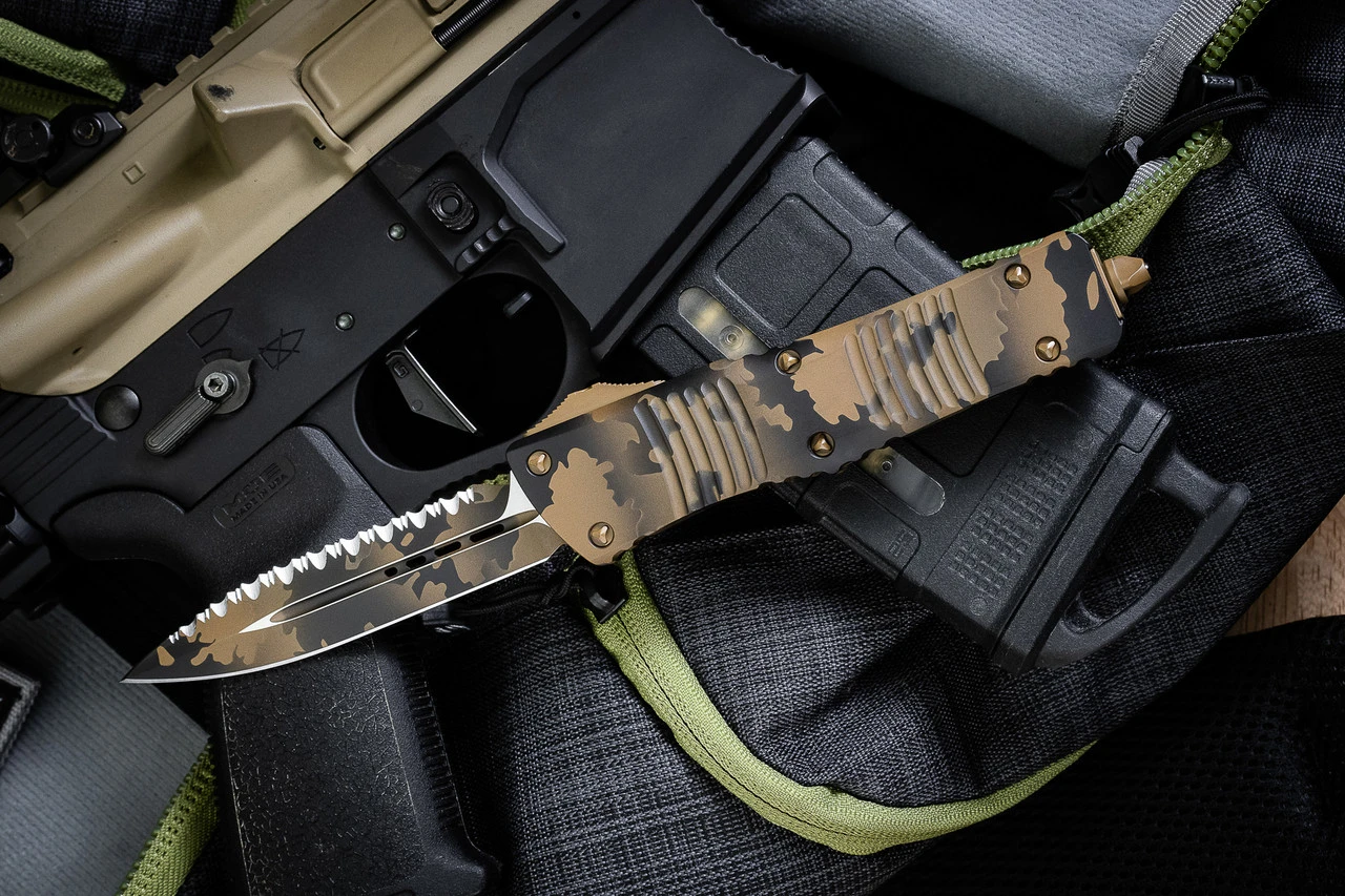 Microtech Combat Troodon Coyote Tan Camo Cerakote OTF Automatic Knife 3.8" Tan Camo Dagger Serrated 142-3CCS 3 Microtech Combat Troodon Coyote Tan Camo Cerakote OTF Automatic Knife 3.8" Tan Camo Dagger Serrated 142-3CCS