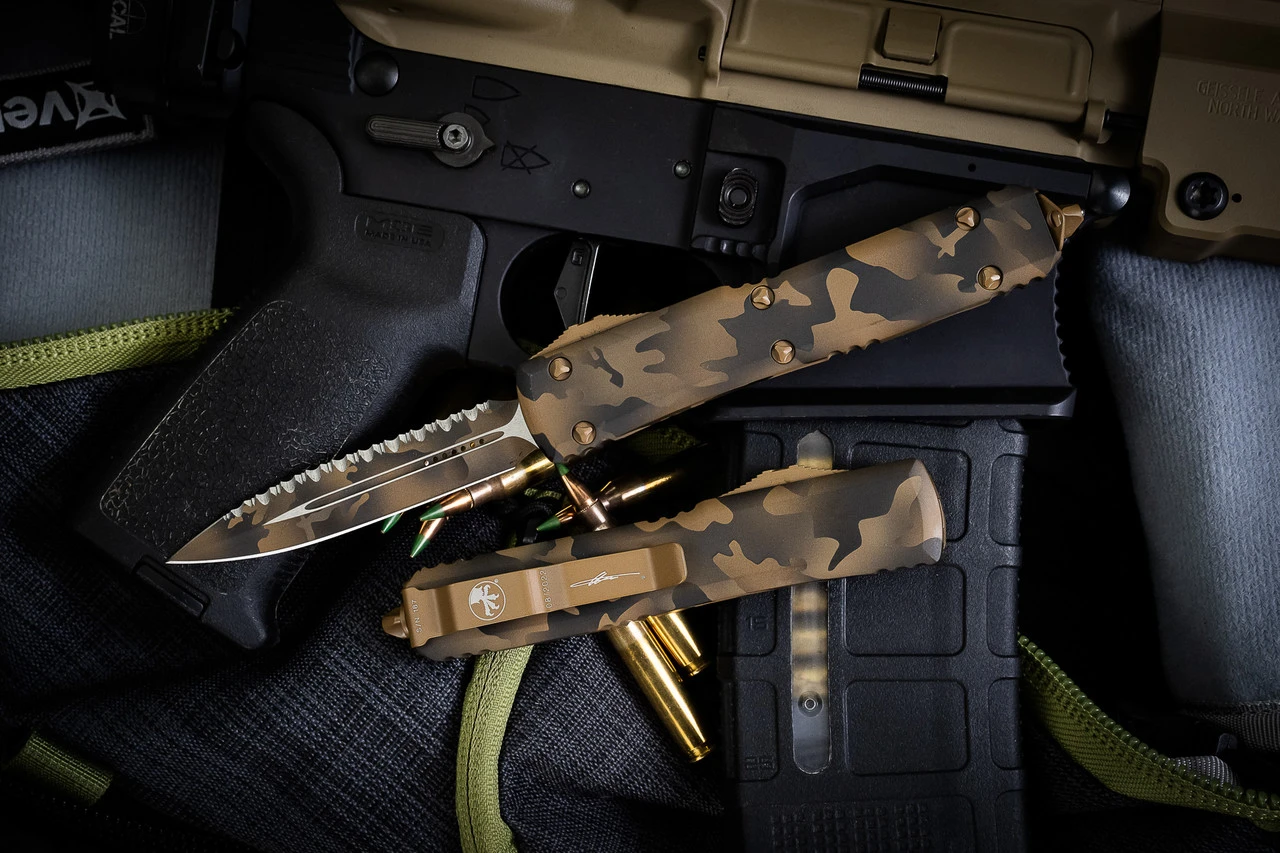 Microtech Ultratech Coyote Camo Cerakote OTF Automatic Knife 3.4" Tan Camo Dagger Serrated 122-3CCS 3 Microtech Ultratech Coyote Camo Cerakote OTF Automatic Knife 3.4" Tan Camo Dagger Serrated 122-3CCS