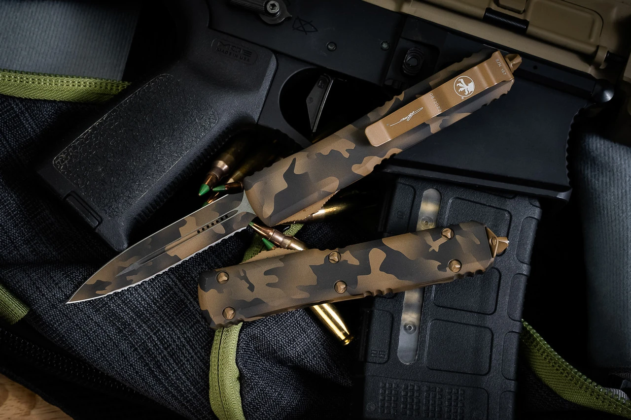 Microtech Ultratech Coyote Camo Cerakote OTF Automatic Knife 3.4" Tan Camo Dagger Serrated 122-3CCS 4 Microtech Ultratech Coyote Camo Cerakote OTF Automatic Knife 3.4" Tan Camo Dagger Serrated 122-3CCS - Image 2