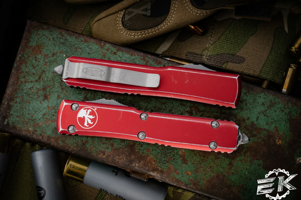 Microtech Ultratech Distressed Red OTF Knife 3.4" Tanto Serrated 123-12DRD 4 Microtech Ultratech Distressed Red OTF Knife 3.4" Tanto Serrated 123-12DRD - Image 2