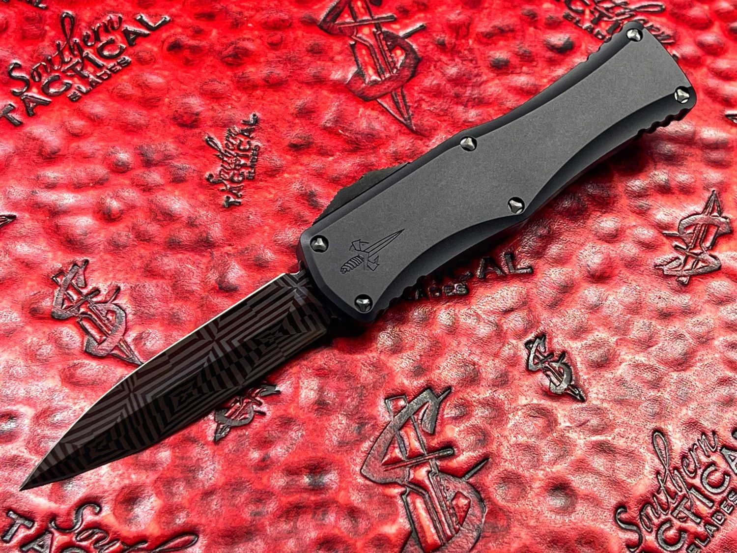 MARFIONE Hera Double Edge Spike Grind, Hot Blued Mosaic Damascus, Alloy W Dagger Relief, DLC Satin Finish Titanium Accents 3 MARFIONE Hera Double Edge Spike Grind, Hot Blued Mosaic Damascus, Alloy W Dagger Relief, DLC Satin Finish Titanium Accents