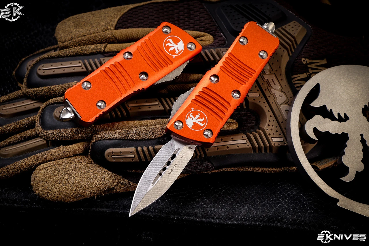 Microtech Troodon Mini OTF Automatic Knife Orange 1.9" Dagger Stonewash (Cali Legal) 238-10OR 3 Microtech Troodon Mini OTF Automatic Knife Orange 1.9" Dagger Stonewash (Cali Legal) 238-10OR