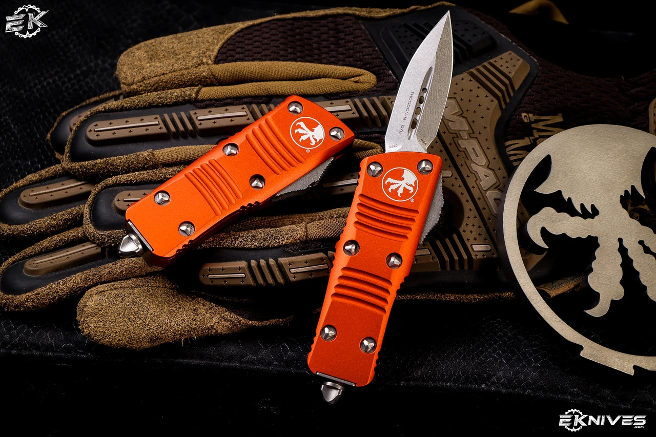 Microtech Troodon Mini OTF Automatic Knife Orange 1.9" Dagger Stonewash (Cali Legal) 238-10OR 4 Microtech Troodon Mini OTF Automatic Knife Orange 1.9" Dagger Stonewash (Cali Legal) 238-10OR - Image 2