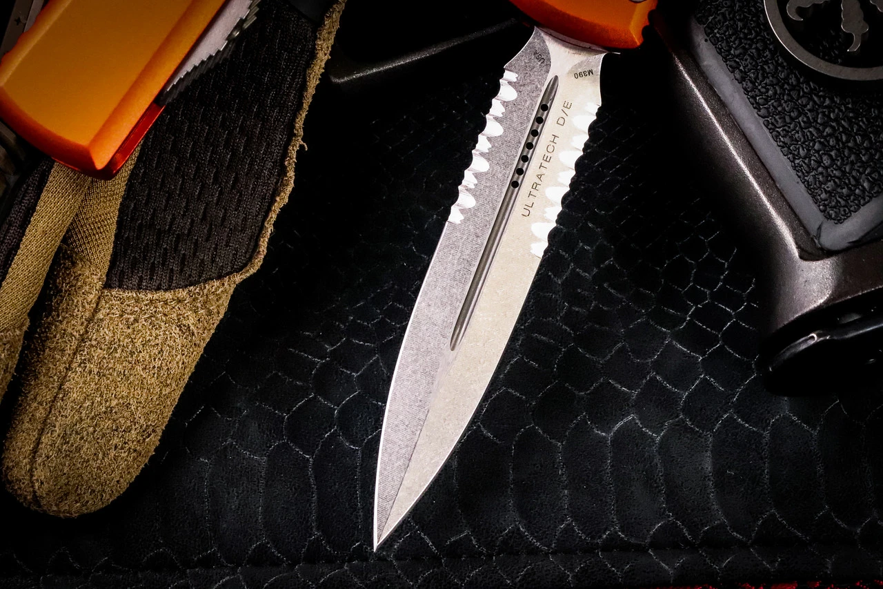 Microtech Ultratech OTF Automatic Knife Orange 3.4" Stonewash Dagger Serrated 122-11OR 4 Microtech Ultratech OTF Automatic Knife Orange 3.4" Stonewash Dagger Serrated 122-11OR - Image 2