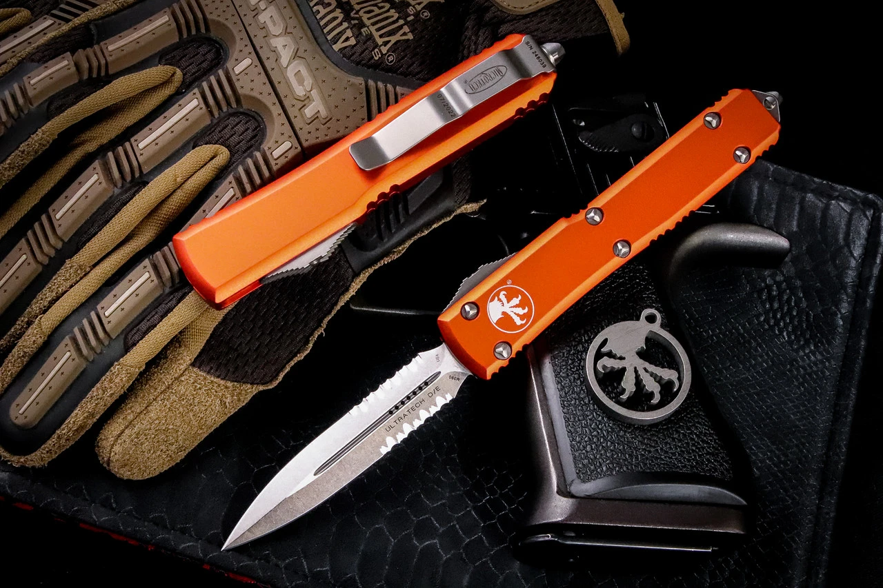 Microtech Ultratech OTF Automatic Knife Orange 3.4" Stonewash Dagger Serrated 122-11OR 3 Microtech Ultratech OTF Automatic Knife Orange 3.4" Stonewash Dagger Serrated 122-11OR