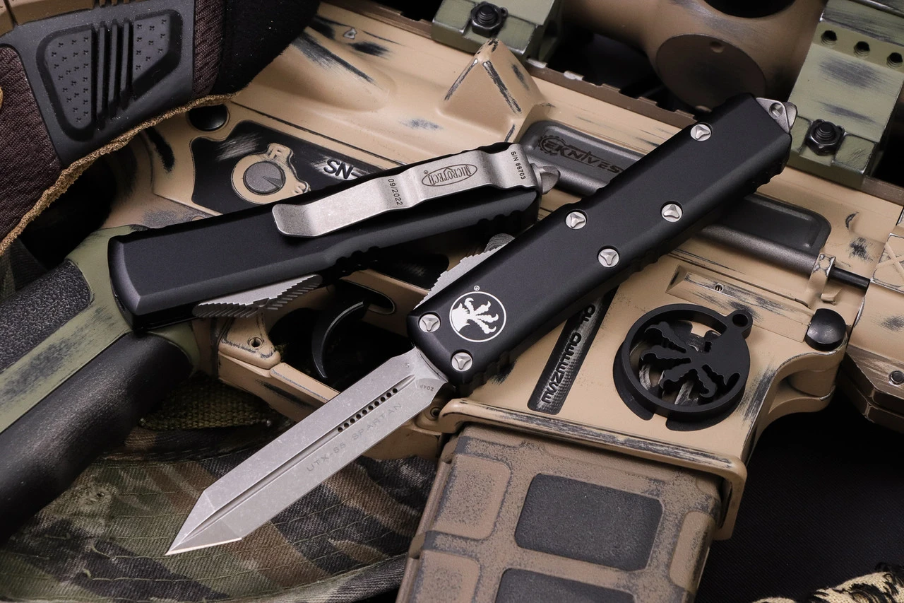 Microtech UTX-85 Spartan OTF Automatic Knife 3" Stonewash 230-10AP 3 Microtech UTX-85 Spartan OTF Automatic Knife 3" Stonewash 230-10AP