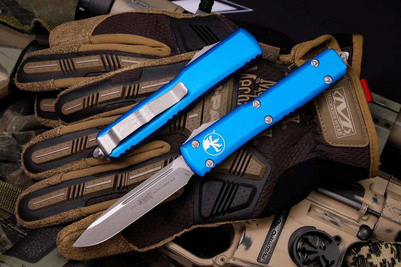 Microtech Ultratech Blue OTF Knife 3.4" Drop Point Apocalyptic 121-10APBL 3 Microtech Ultratech Blue OTF Knife 3.4" Drop Point Apocalyptic 121-10APBL