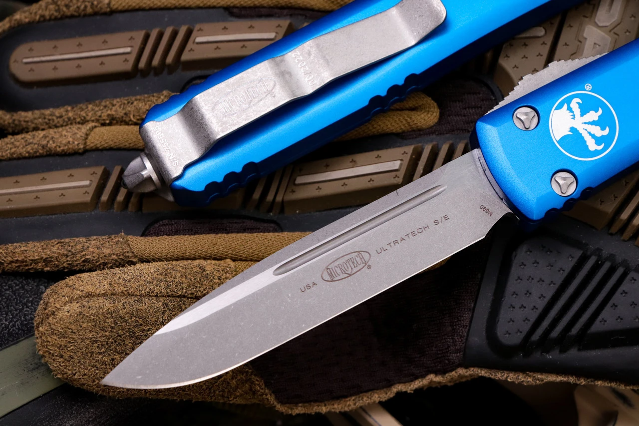 Microtech Ultratech Blue OTF Knife 3.4" Drop Point Apocalyptic 121-10APBL 4 Microtech Ultratech Blue OTF Knife 3.4" Drop Point Apocalyptic 121-10APBL - Image 2