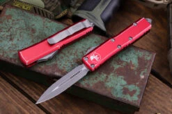 Microtech UTX-85 OTF Automatic Knife Red Distressed 3" Dagger Stonewash 232-10DRD