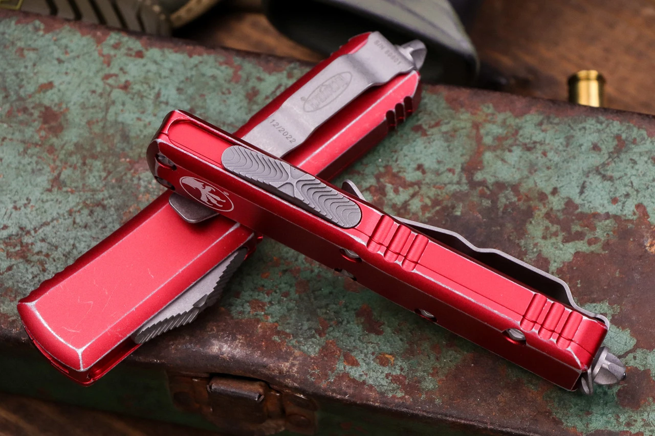 Microtech UTX-85 OTF Automatic Knife Red Distressed 3" Dagger Stonewash 232-10DRD 4 Microtech UTX-85 OTF Automatic Knife Red Distressed 3" Dagger Stonewash 232-10DRD - Image 2