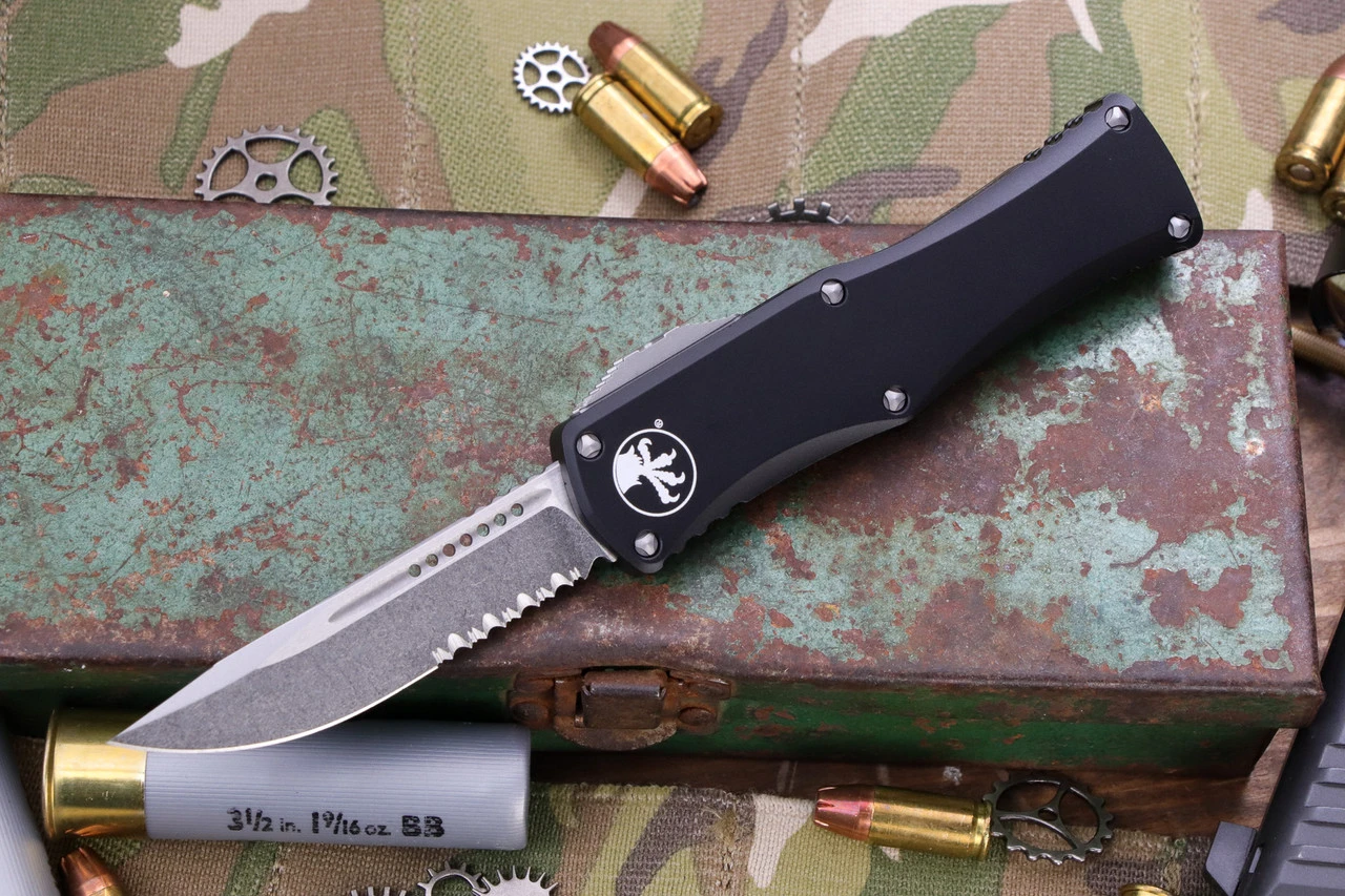 Microtech Hera OTF Automatic Knife 3" Drop Point Stonewash Serrated 703-11 3 Microtech Hera OTF Automatic Knife 3" Drop Point Stonewash Serrated 703-11