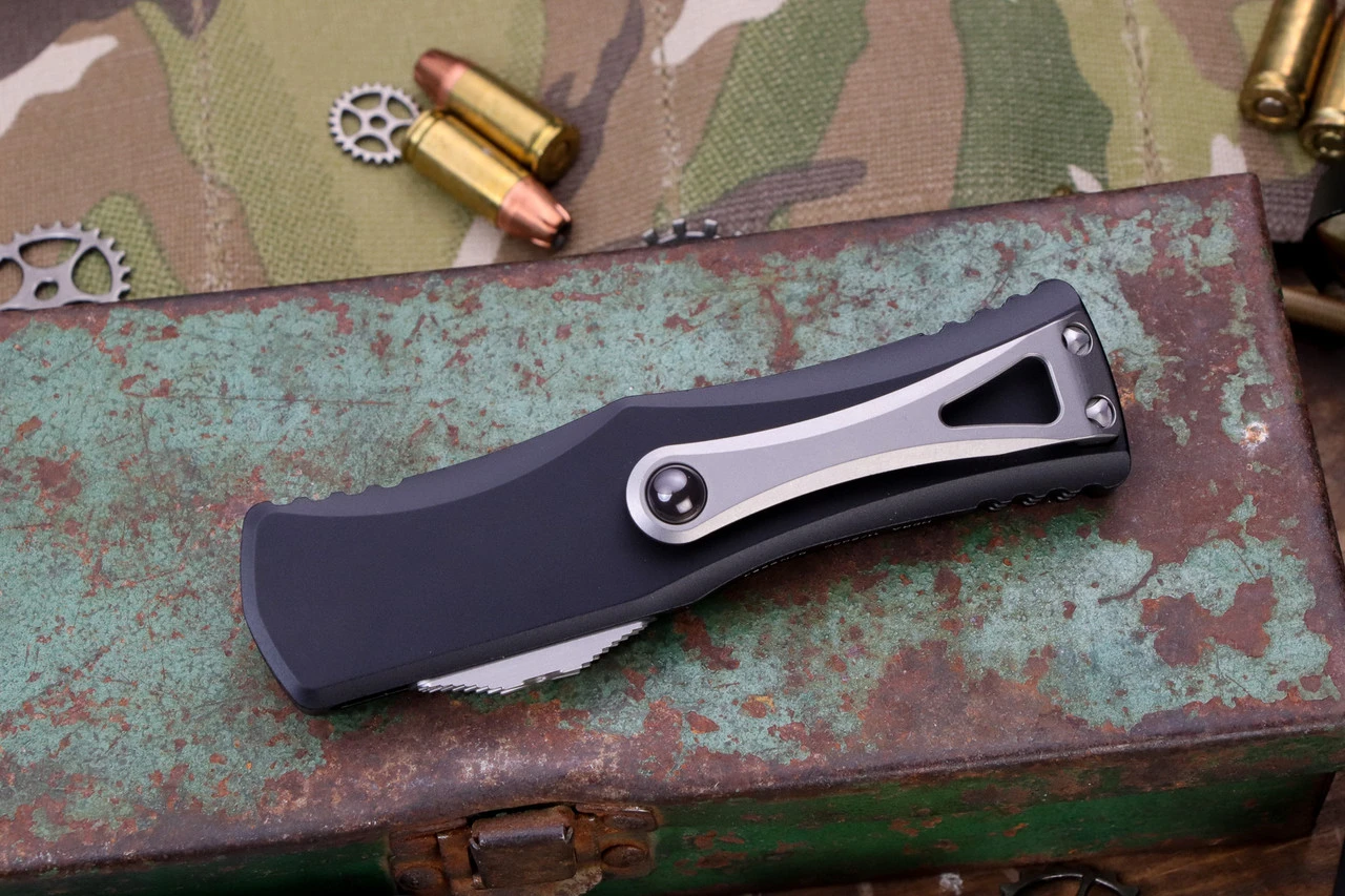 Microtech Hera OTF Automatic Knife 3" Drop Point Stonewash Serrated 703-11 4 Microtech Hera OTF Automatic Knife 3" Drop Point Stonewash Serrated 703-11 - Image 2