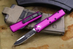 Microtech UTX-85 OTF Automatic Knife Violet 3" Drop Point Black Serrated 231-2VI