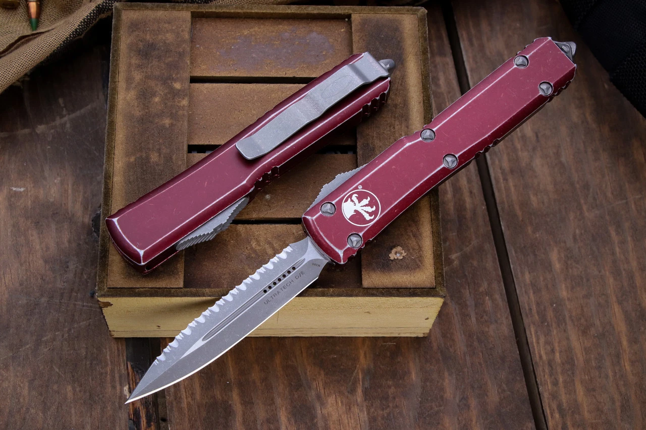 Microtech Ultratech OTF Automatic Knife Distressed Merlot 3.4" Dagger Serrated Stonewash 122-12DMR 2 Microtech Ultratech OTF Automatic Knife Distressed Merlot 3.4" Dagger Serrated Stonewash 122-12DMR