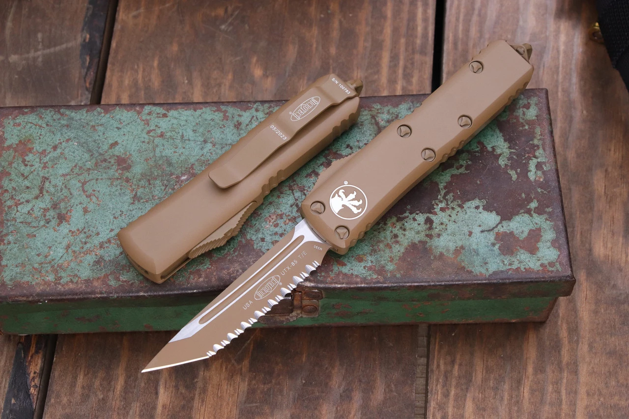 Microtech UTX-85 OTF Automatic Knife Tan Cerakote 3.1" Tanto Serrated Tan 233-3CTA 3 Microtech UTX-85 OTF Automatic Knife Tan Cerakote 3.1" Tanto Serrated Tan 233-3CTA