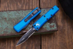 Microtech UTX-85 OTF Automatic Knife Blue 3.1" Dagger Serrated Black 232-2BL