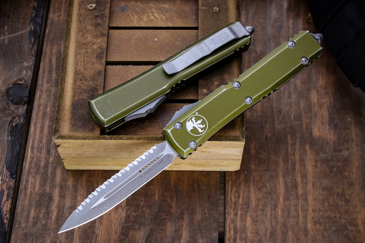 Microtech Ultratech OTF Automatic Knife Distressed OD Green 3.4" Dagger Stonewash Serrated 122-12DOD 3 Microtech Ultratech OTF Automatic Knife Distressed OD Green 3.4" Dagger Stonewash Serrated 122-12DOD