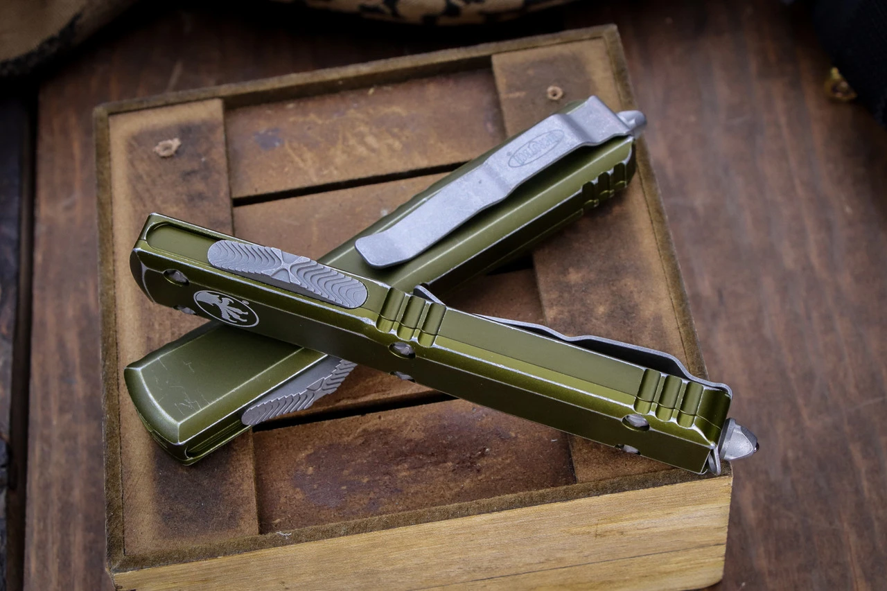 Microtech Ultratech OTF Automatic Knife Distressed OD Green 3.4" Dagger Stonewash Serrated 122-12DOD 4 Microtech Ultratech OTF Automatic Knife Distressed OD Green 3.4" Dagger Stonewash Serrated 122-12DOD - Image 2