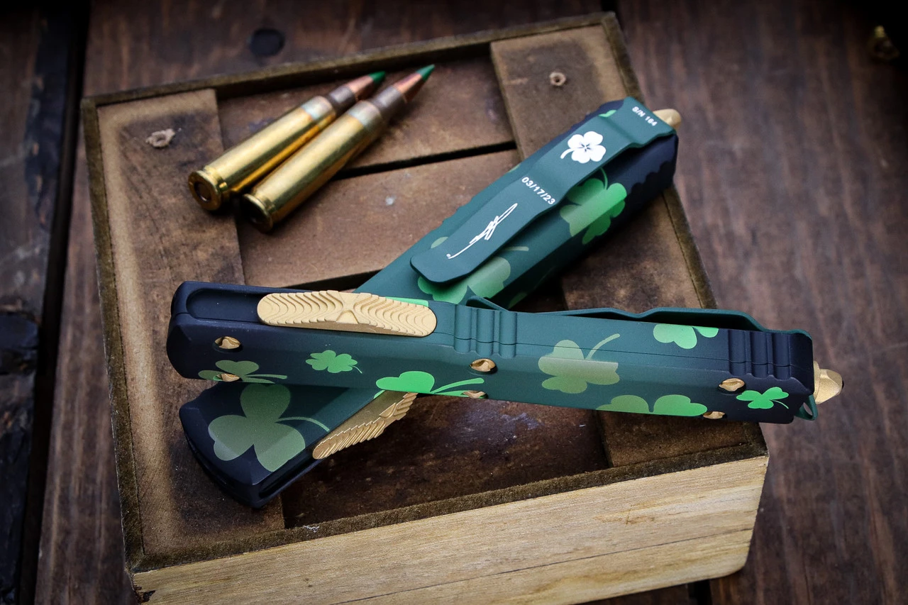 Microtech Ultratech OTF Automatic Knife Lucky Clover Shamrock Cerakote 3.4" Drop Point 121-1SPDS 4 Microtech Ultratech OTF Automatic Knife Lucky Clover Shamrock Cerakote 3.4" Drop Point 121-1SPDS - Image 2
