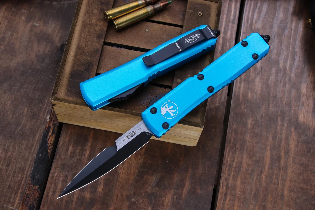Microtech Ultratech OTF Automatic Knife Turquoise 3.4" Bayonet Black 120-1TQ 3 Microtech Ultratech OTF Automatic Knife Turquoise 3.4" Bayonet Black 120-1TQ