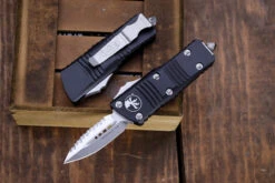 Microtech Mini Troodon OTF Automatic Cali Legal Knife 1.9" Dagger Serrated Stonewash 238-12