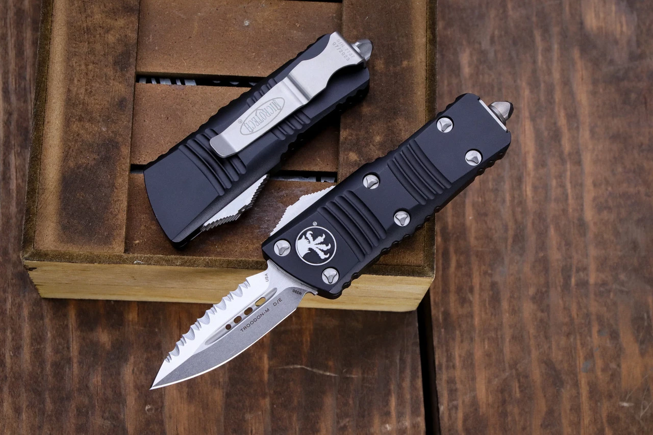 Microtech Mini Troodon OTF Automatic Cali Legal Knife 1.9" Dagger Serrated Stonewash 238-12 3 Microtech Mini Troodon OTF Automatic Cali Legal Knife 1.9" Dagger Serrated Stonewash 238-12