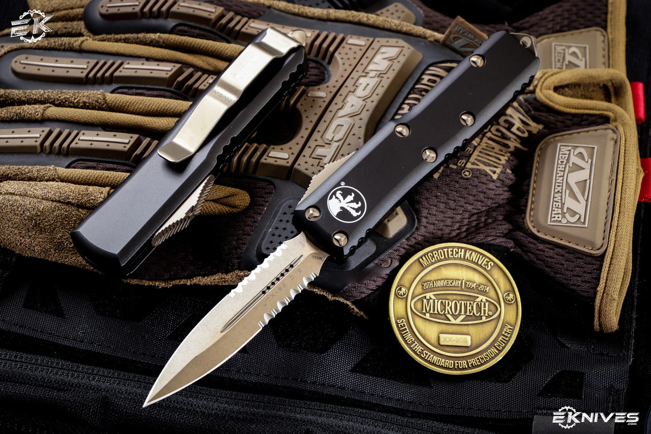 Microtech UTX-85 OTF Automatic Knife Black 3.1" Bronze Dagger Serrated 232-14 3 Microtech UTX-85 OTF Automatic Knife Black 3.1" Bronze Dagger Serrated 232-14