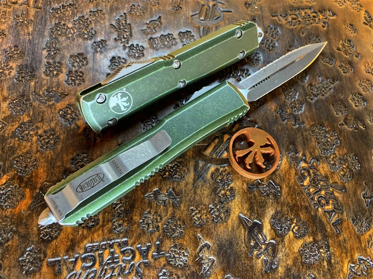 Microtech Ultratech Double Edge Full Serrated Apocalyptic Distressed OD Green 4 Microtech Ultratech Double Edge Full Serrated Apocalyptic Distressed OD Green - Image 2