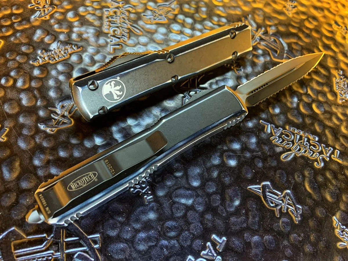 Microtech Ultratech Double Edge Double Full Serrated Distressed Black Tactical 4 Microtech Ultratech Double Edge Double Full Serrated Distressed Black Tactical - Image 2