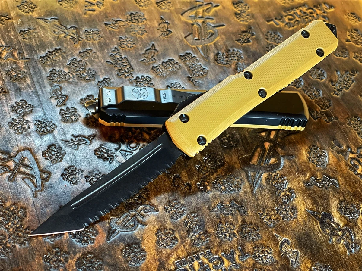 Microtech Ultratech Tanto G10 Top Signature Series Tan OTF Automatic Knife - DLC Full Serrated Blade, DLC Hardware 3 Microtech Ultratech Tanto G10 Top Signature Series Tan OTF Automatic Knife - DLC Full Serrated Blade, DLC Hardware