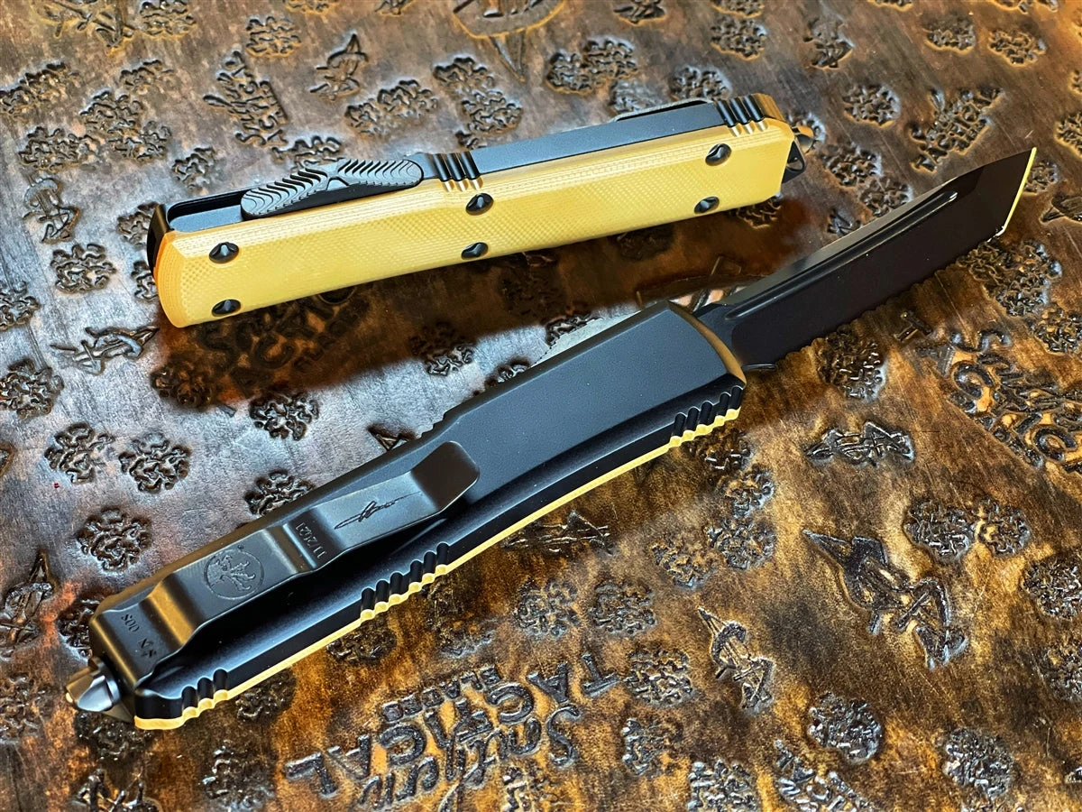 Microtech Ultratech Tanto G10 Top Signature Series Tan OTF Automatic Knife - DLC Full Serrated Blade, DLC Hardware 4 Microtech Ultratech Tanto G10 Top Signature Series Tan OTF Automatic Knife - DLC Full Serrated Blade, DLC Hardware - Image 2