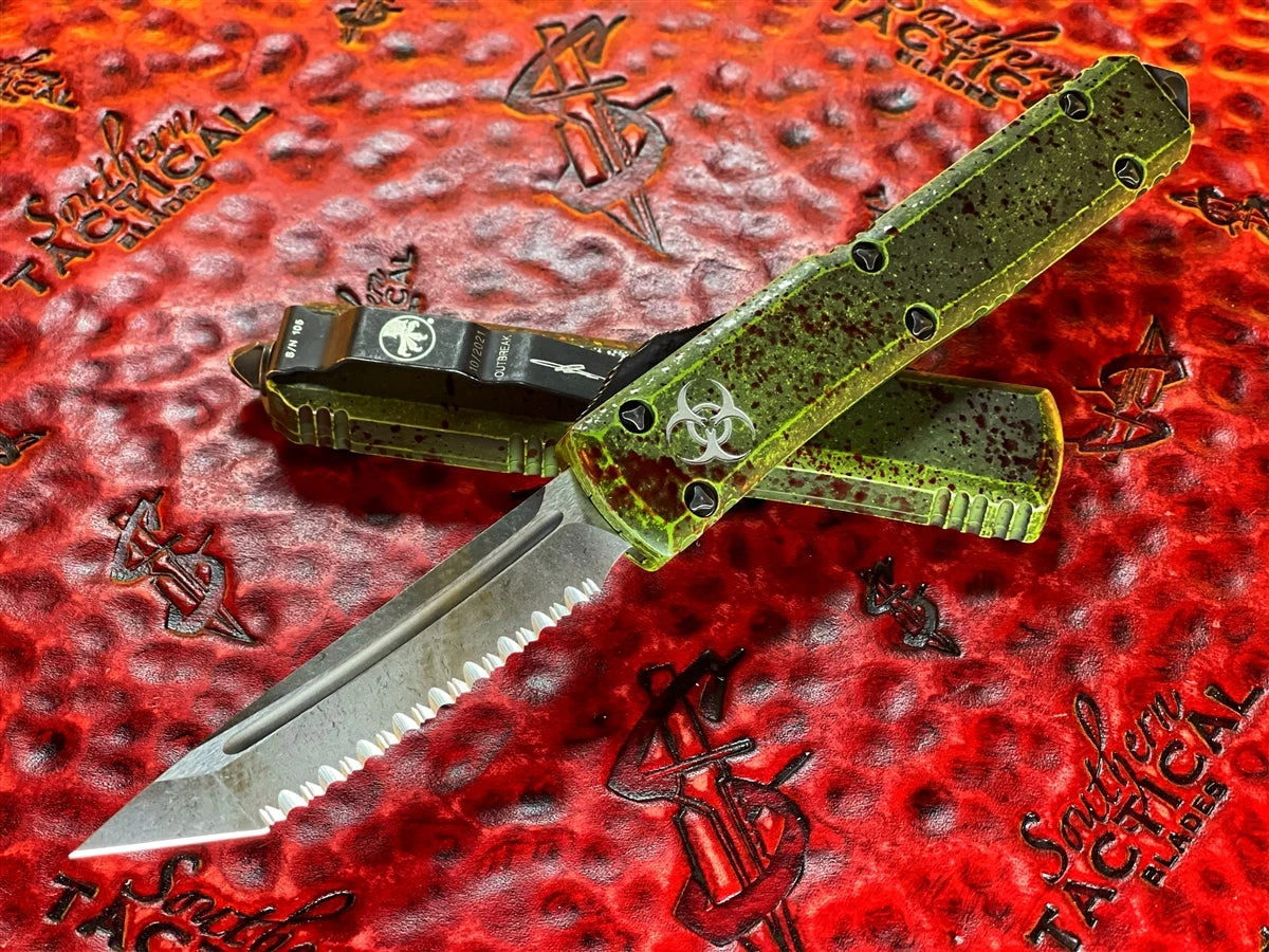 Microtech Ultratech Tanto Full Serrated “OUTBREAK” Deep Engraved Signature Series 3 Microtech Ultratech Tanto Full Serrated “OUTBREAK” Deep Engraved Signature Series
