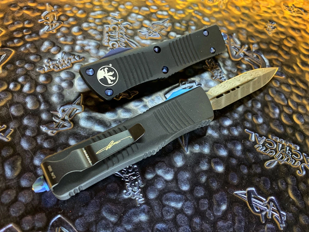 Microtech Troodon Double Edge Damascus Signature Series Blue Titanium Hardware 4 Microtech Troodon Double Edge Damascus Signature Series Blue Titanium Hardware - Image 2