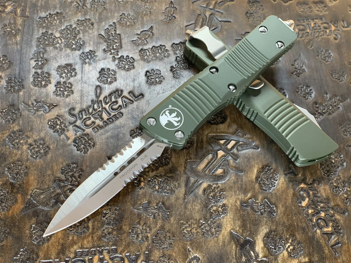 Microtech Troodon Double Edge Satin Part Serrated OD Green 3 Microtech Troodon Double Edge Satin Part Serrated OD Green