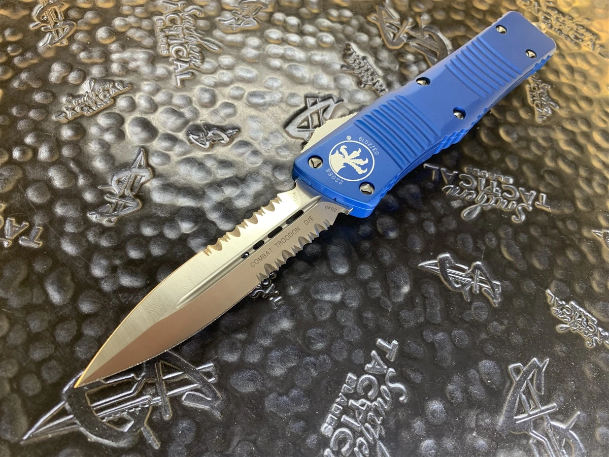 Microtech Combat Troodon Double Edge Satin Part Serrated Blue 3 Microtech Combat Troodon Double Edge Satin Part Serrated Blue