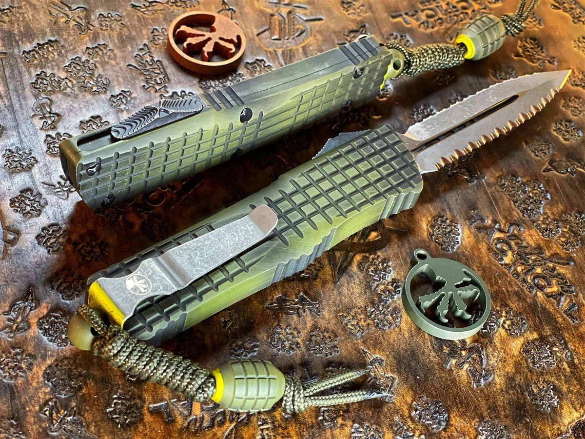 Microtech Combat Troodon Double Reverse Full Serrated Apocalyptic “Frag Off” Grenade Green 5 Microtech Combat Troodon Double Reverse Full Serrated Apocalyptic “Frag Off” Grenade Green - Image 3