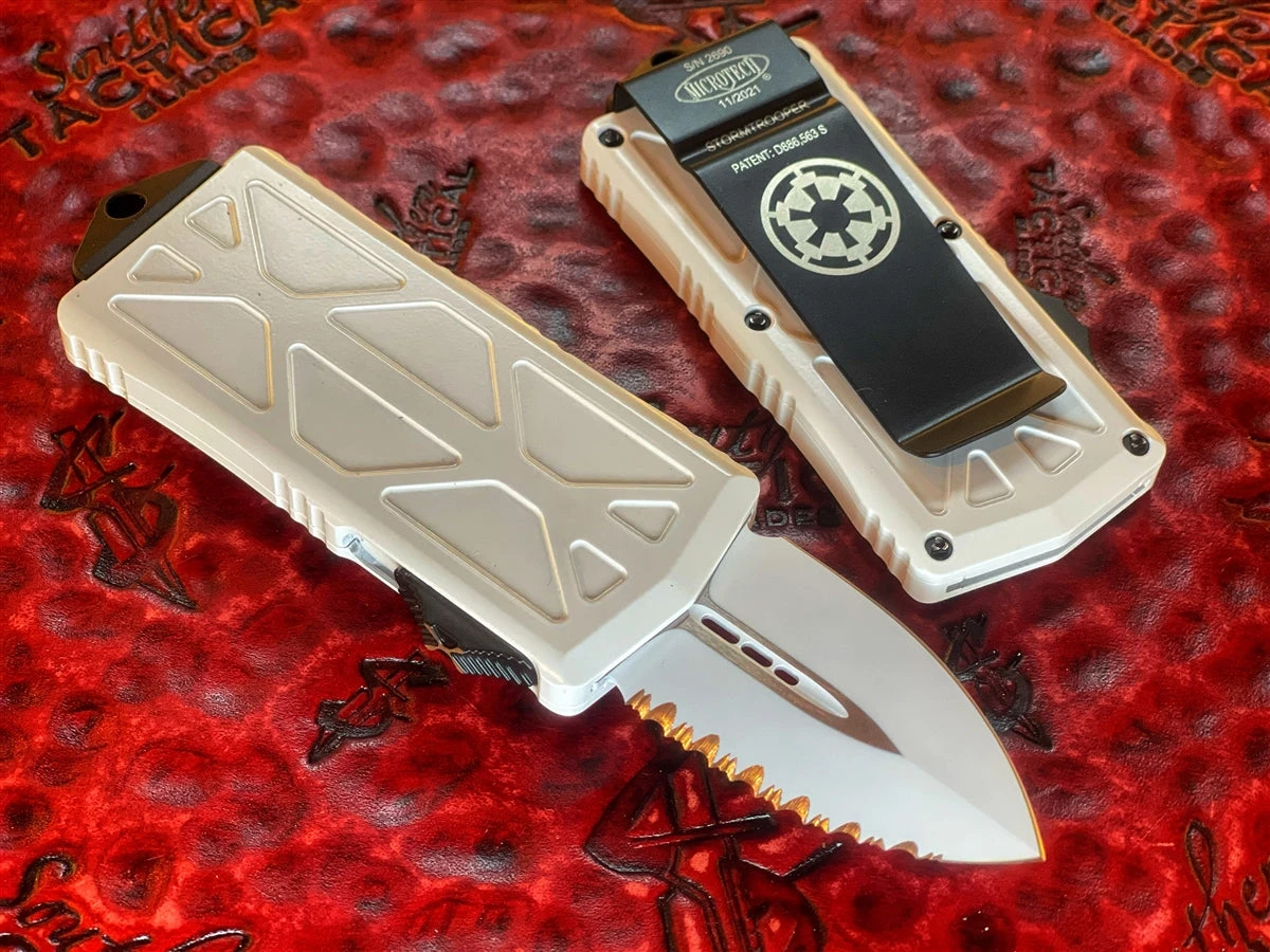 Microtech Exocet OTF Automatic Knife Double Edge StormTrooper Full Serrated Cali Legal OTF Knife 3 Microtech Exocet OTF Automatic Knife Double Edge StormTrooper Full Serrated Cali Legal OTF Knife