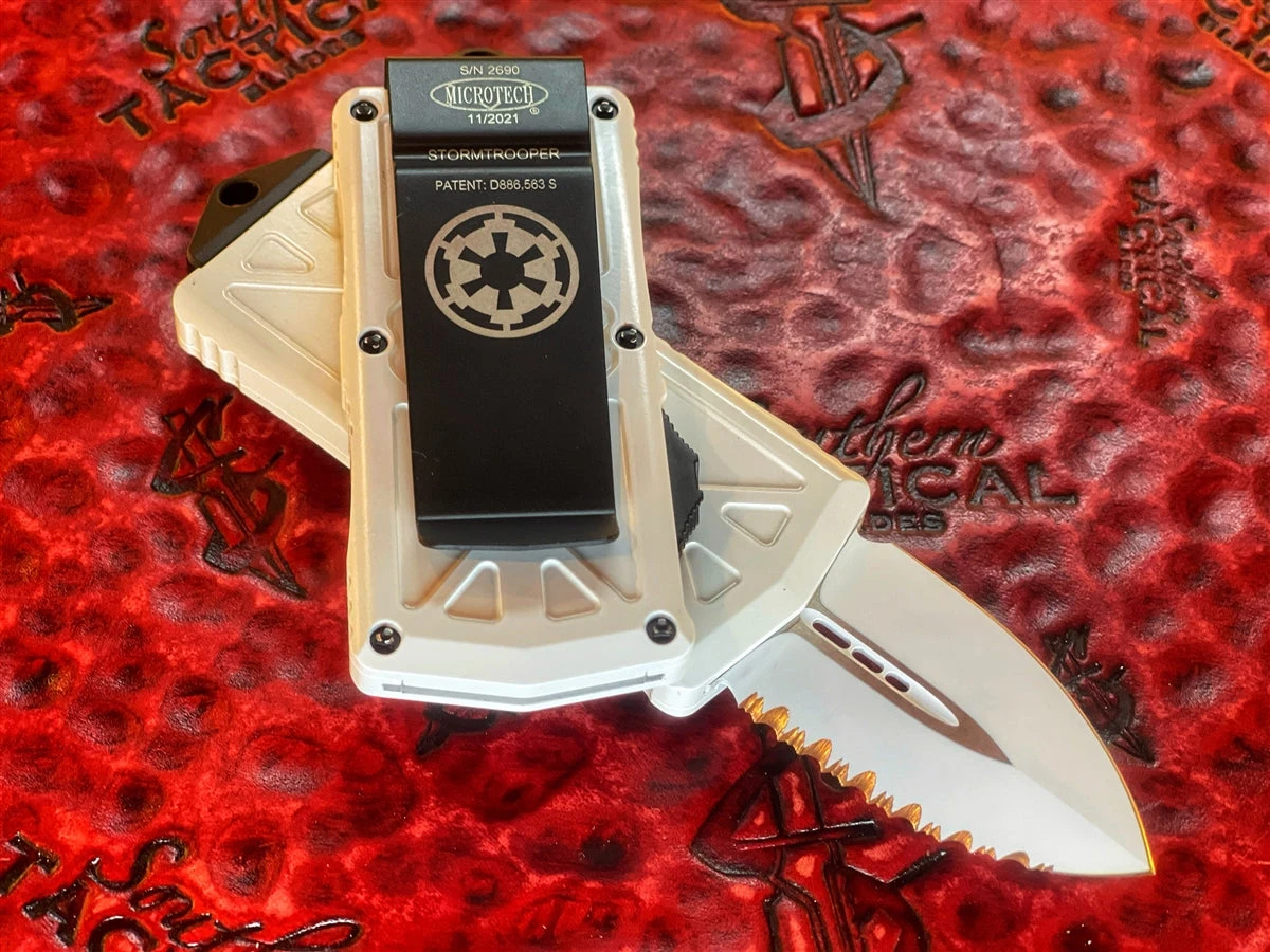 Microtech Exocet OTF Automatic Knife Double Edge StormTrooper Full Serrated Cali Legal OTF Knife 4 Microtech Exocet OTF Automatic Knife Double Edge StormTrooper Full Serrated Cali Legal OTF Knife - Image 2