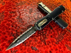 Microtech Dirac Delta Double Edge Double Full Serrated Distressed Black
