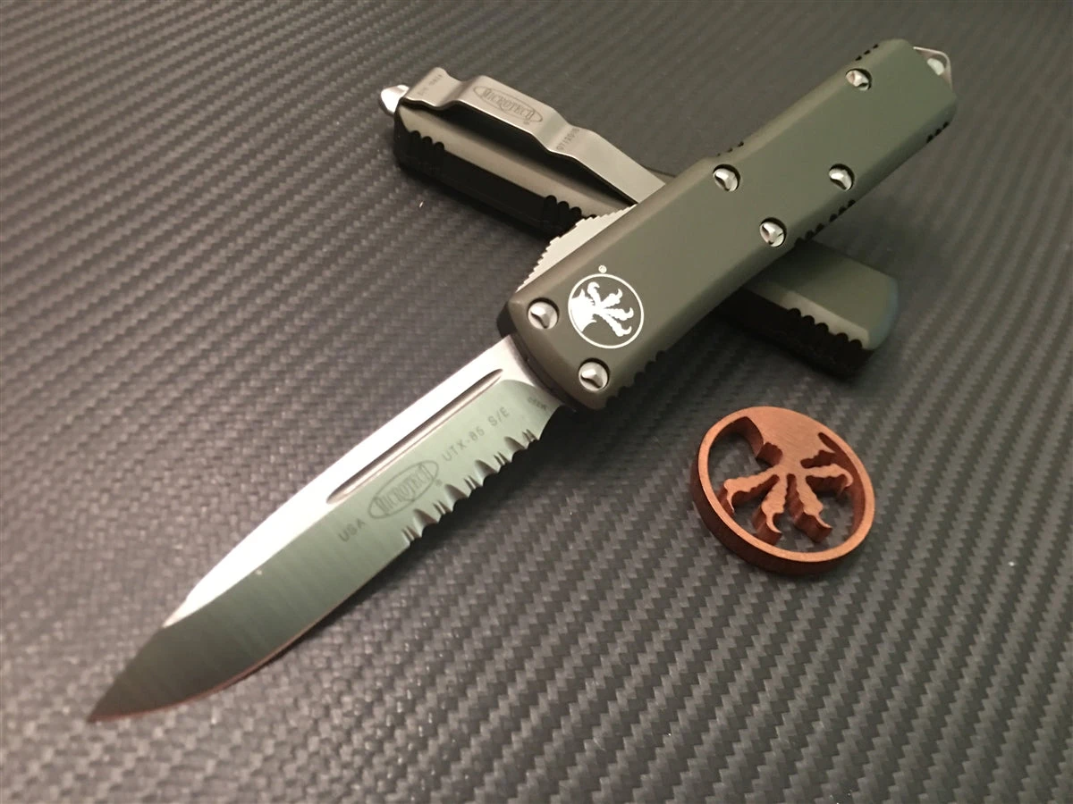 Microtech UTX85 Single Edge Satin Part Serrated OD Green 3 Microtech UTX85 Single Edge Satin Part Serrated OD Green