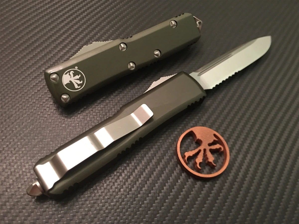 Microtech UTX85 Single Edge Satin Part Serrated OD Green 4 Microtech UTX85 Single Edge Satin Part Serrated OD Green - Image 2