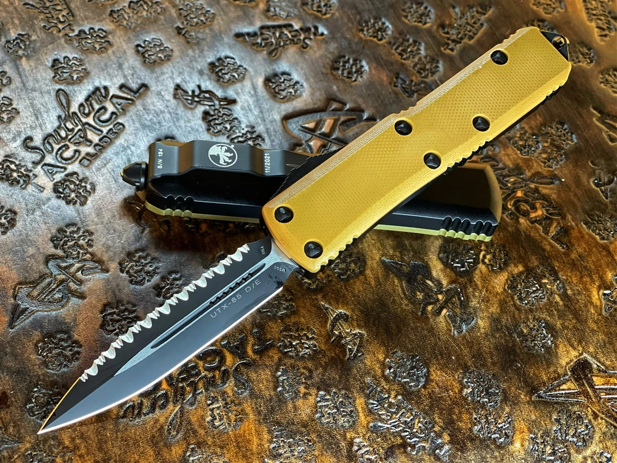 Microtech UTX-85 Double Edge Full Serrated G10 Tan Top 3 Microtech UTX-85 Double Edge Full Serrated G10 Tan Top