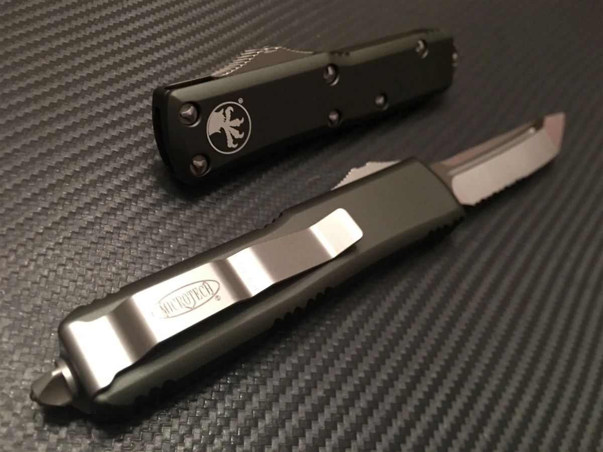 Microtech UTX85 Tanto Satin Part Serrated OD Green 4 Microtech UTX85 Tanto Satin Part Serrated OD Green - Image 2