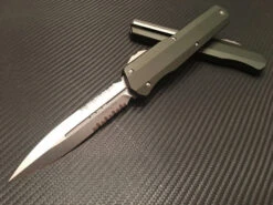 Microtech Cypher Double Edge Stonewashed Part Serrated OD Green